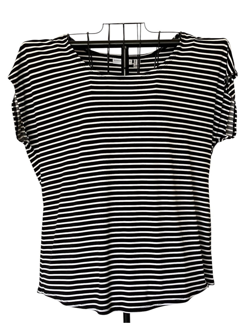 Susan Graver Liquid Knit Popover Tee Top Classic Black White Stripe Size Large